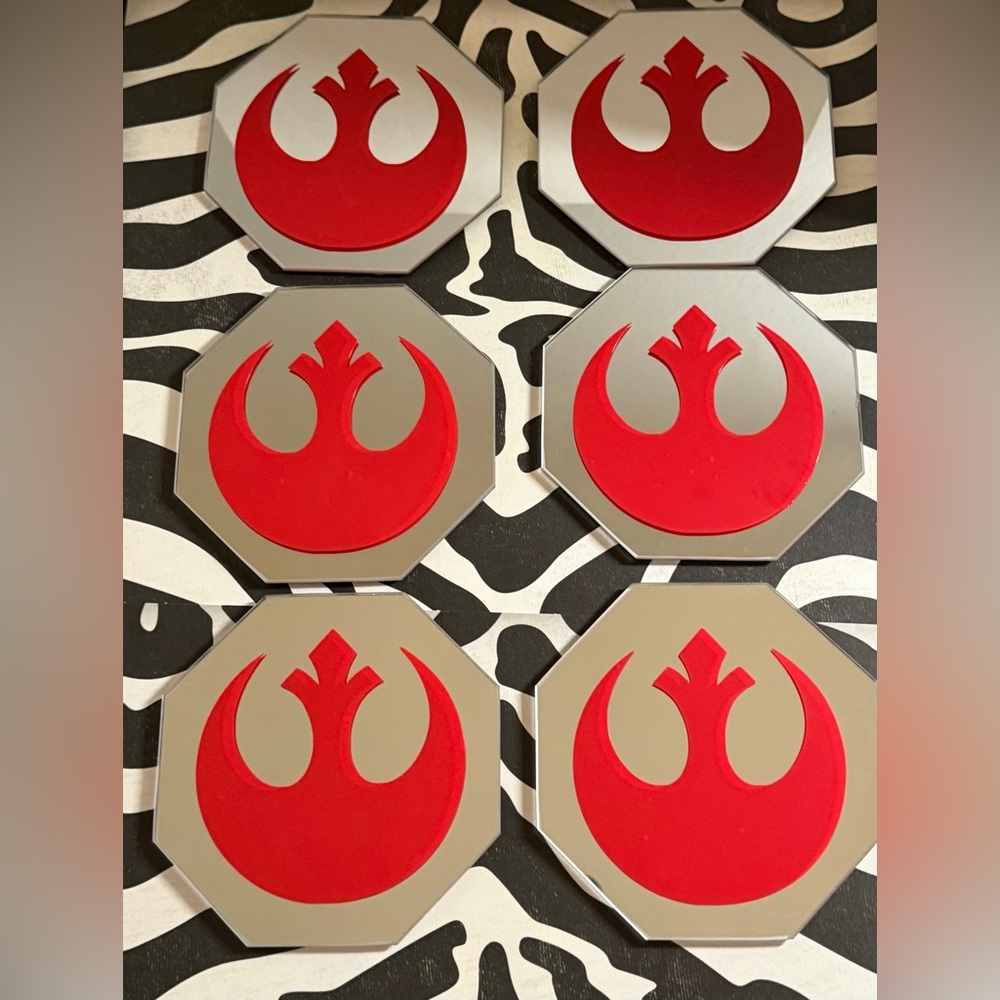 New 6 Rebel Alliance logo crest Star Wars mirrored coaster set 4.5” coffee table